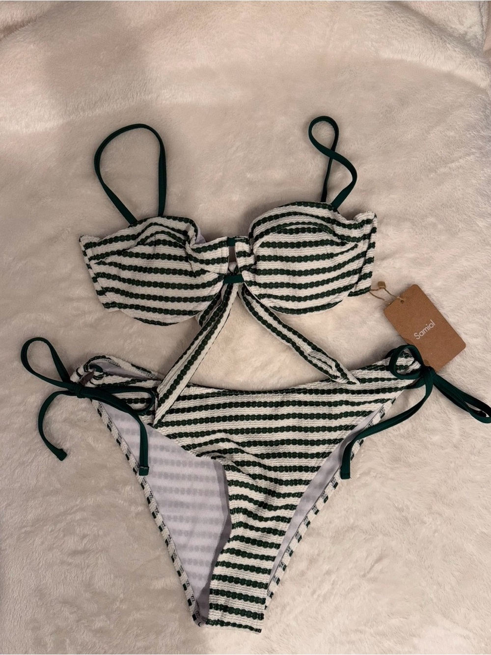 Green & White Striped Tie-Side Bikini